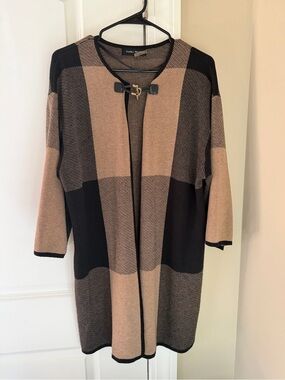 Ivanka Trump Black and Tan Colorblock Open-Front Cardigan